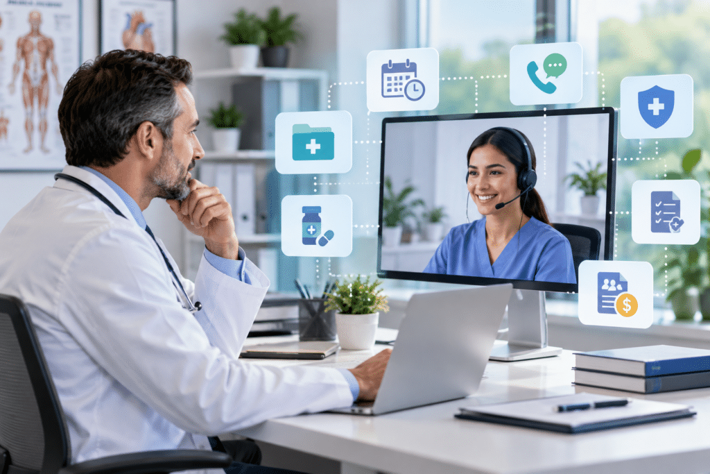 Virtual medical assistant helping a doctor with patient scheduling, medical records, billing, and administrative support.