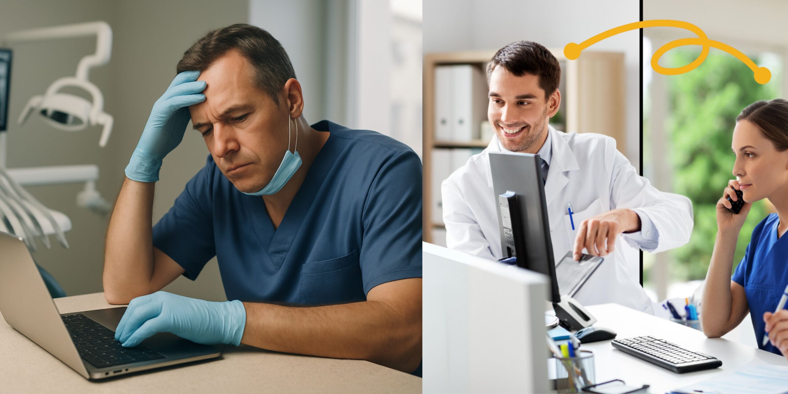 A split-screen image showing a stressed solo dentist on the left, wearing scrubs and gloves while looking frustrated at a laptop in a dental office. On the right side, a happy dental professional points at a computer screen while speaking with a colleague on the phone, representing a collaborative, productive environment. An orange curved arrow connects the two scenes, symbolizing transformation or support.