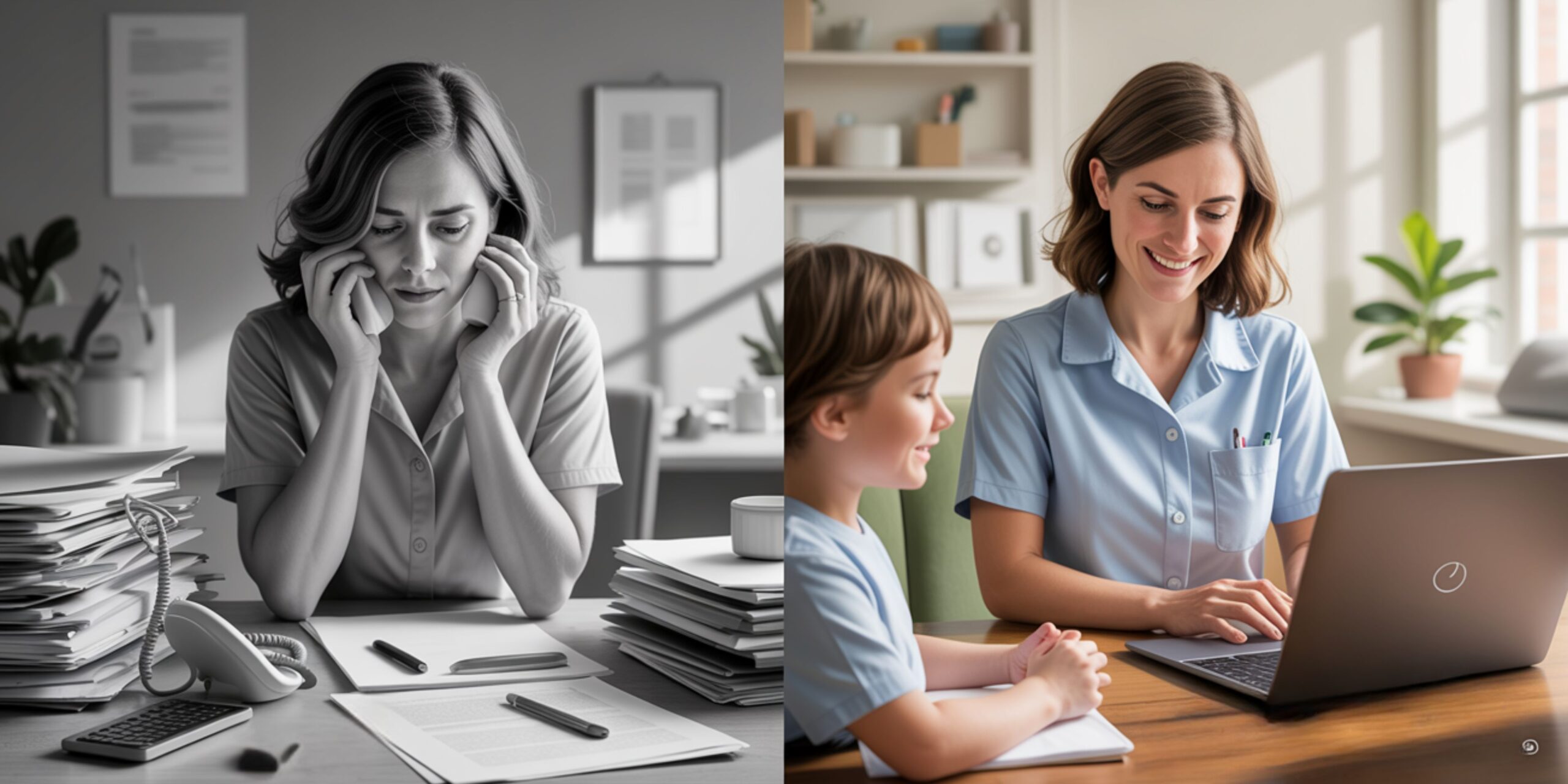 Split-screen illustration of a speech therapist overwhelmed with paperwork on one side and calmly conducting a therapy session on the other, while a virtual assistant works remotely in a modern workspace—depicting the benefits of delegation in a therapy practice.